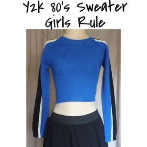 Y2K Girls Rule 80's Skater Cropped Cobalt Blue Sweater w/ Long Stripe Sleeves Lg